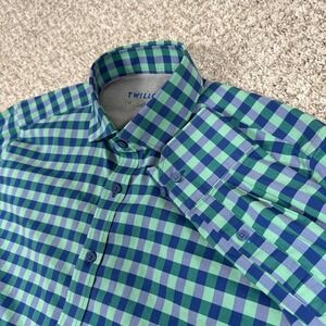 Twillory Shirt Mens 16 34/37 Green Blue Gingham Stretch Performance Tailored Fit